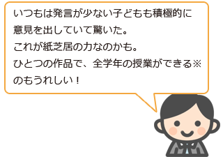 いつもは発言が少ない子どもも積極的に意見を出していて驚いた。これが紙芝居の力なのかも。ひとつの作品で、全学年の授業ができる※のもうれしい！